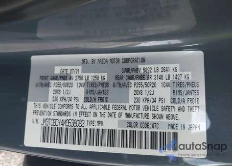 2021 Mazda Cx-9 Carbon Edition from USA, damaged, VIN JM3TCBDY4M0538083